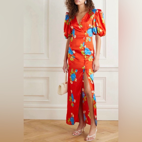 NWOT De La Vali Ohio Satin Floral Print Maxi Dress 4 - Picture 1 of 16